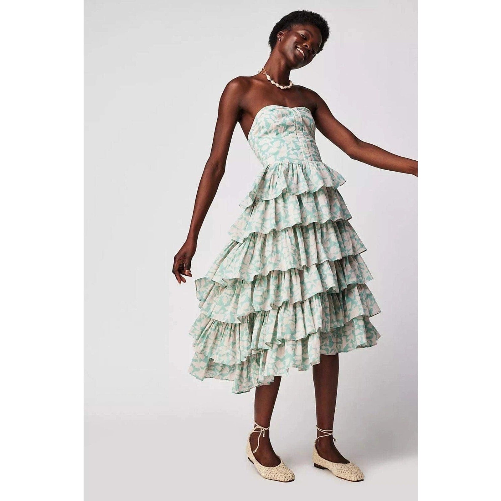 New Free People $375 Desert Queen Cleo Bustier Dress Size 0 Tiered Midi