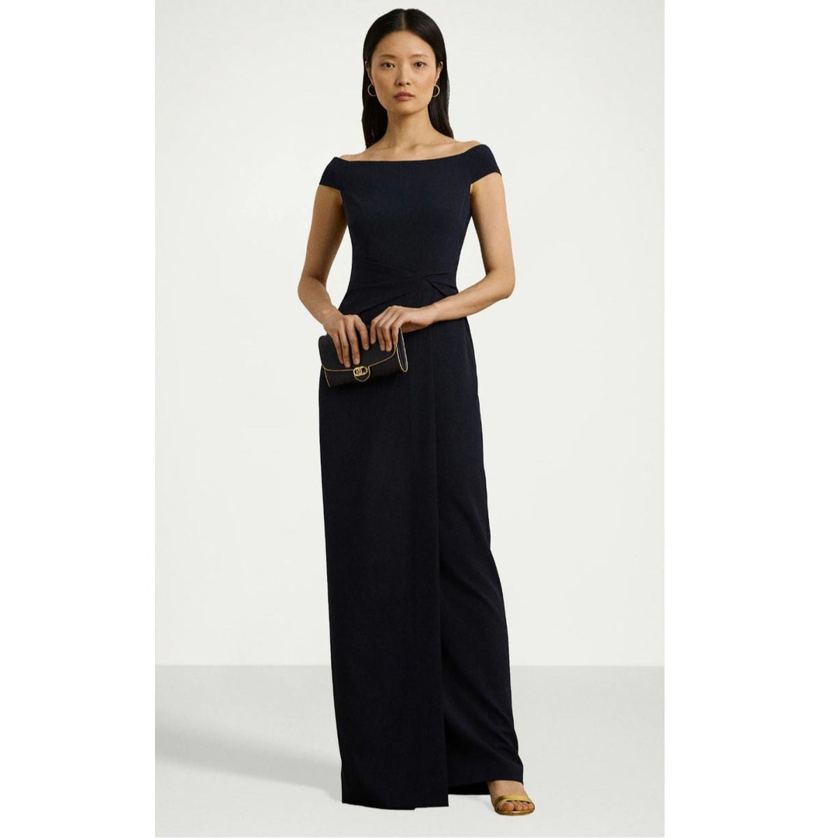 Navy off-shoulder gown with draped waist knot and long straight skirt