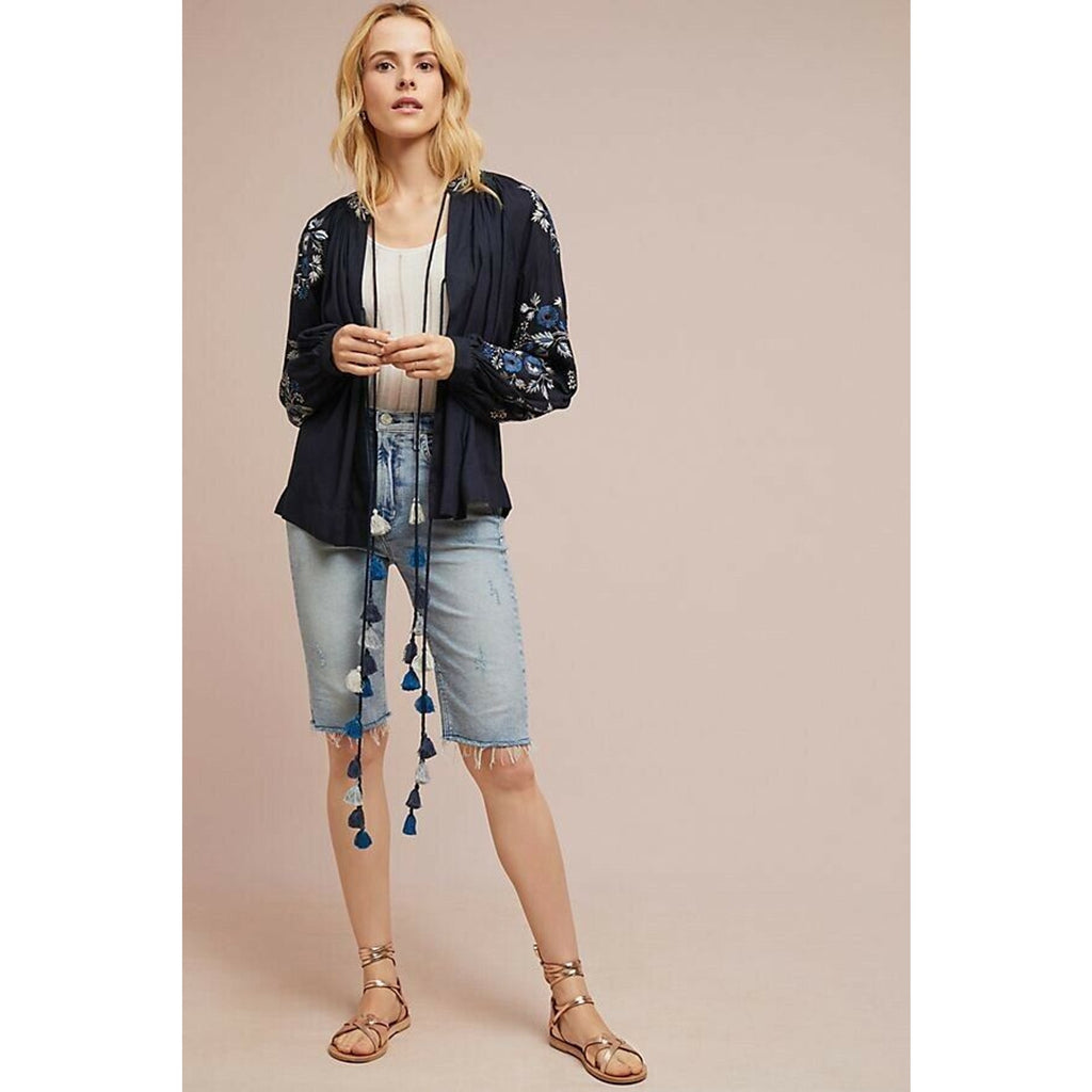 New Anthropologie Tasseled Embroidered Floral Jacket by Ranna Gill $158 Blue XS