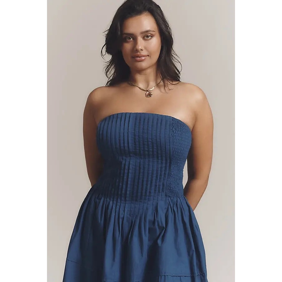 New Anthropologie Cotton Poplin Strapless Midi Dress $168 X-LARGE Navy Smocked