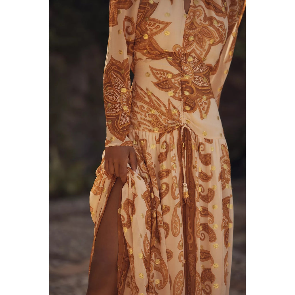 Farm Rio x Anthropologie Long-Sleeve Jacquard Maxi Dress X-LARGE Gold FARM Rio