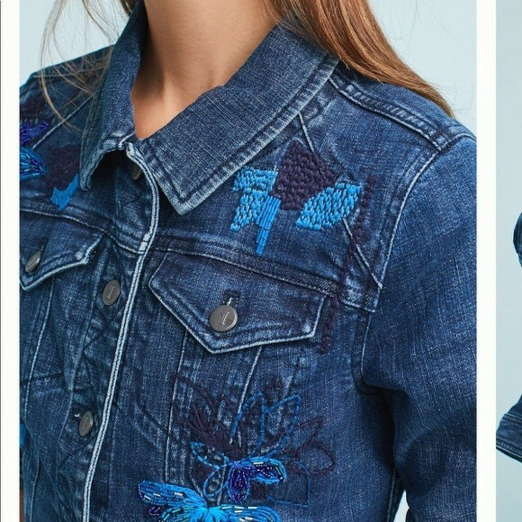 NEW Anthropologie Pilcro $168 Sequined Denim Jacket Sz Small Embroidered Beaded