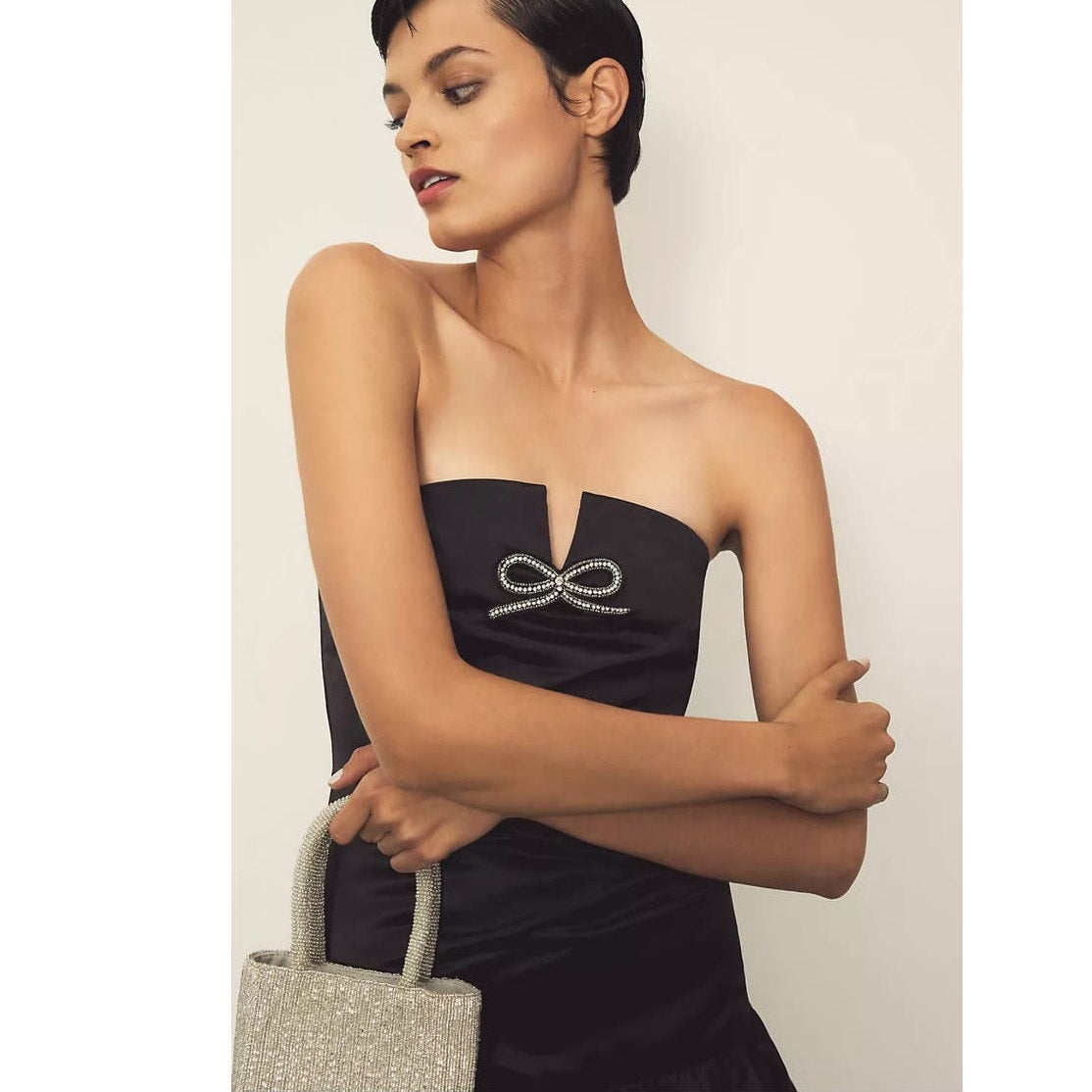 Anthropologie Maeve Strapless Bow Bubble-Hem Mini Dress $148 SMALL Black