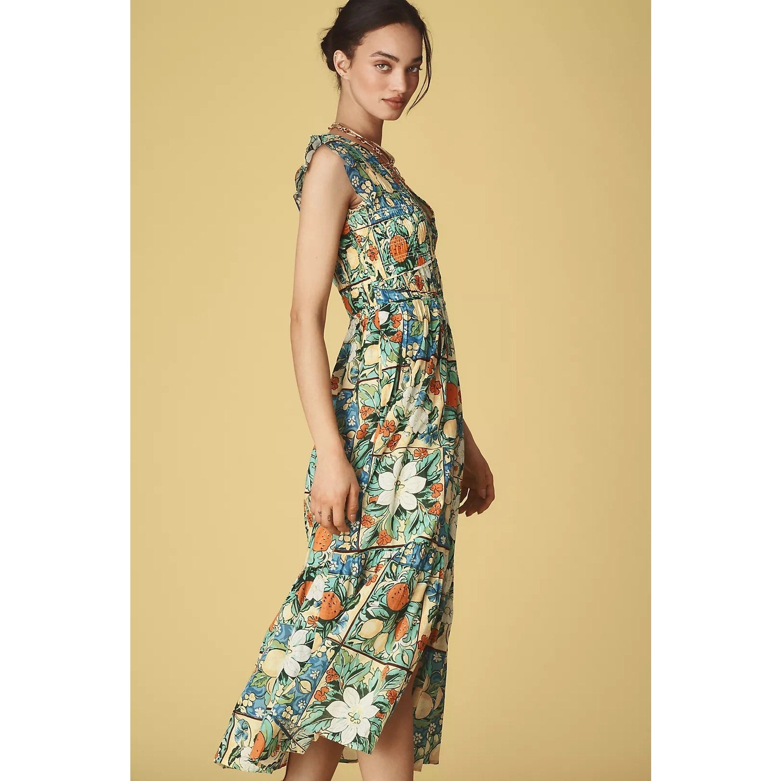 Anthropologie The Peregrine Midi Dress XXS Size 00 Floral Fruit Motif Anthropologie