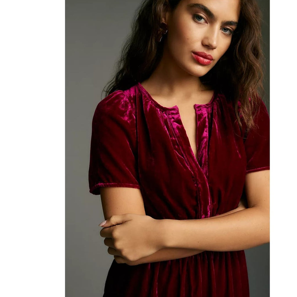 New Anthropologie The Somerset Mini Dress: Velvet Edition $168 XXS - 00 Wine