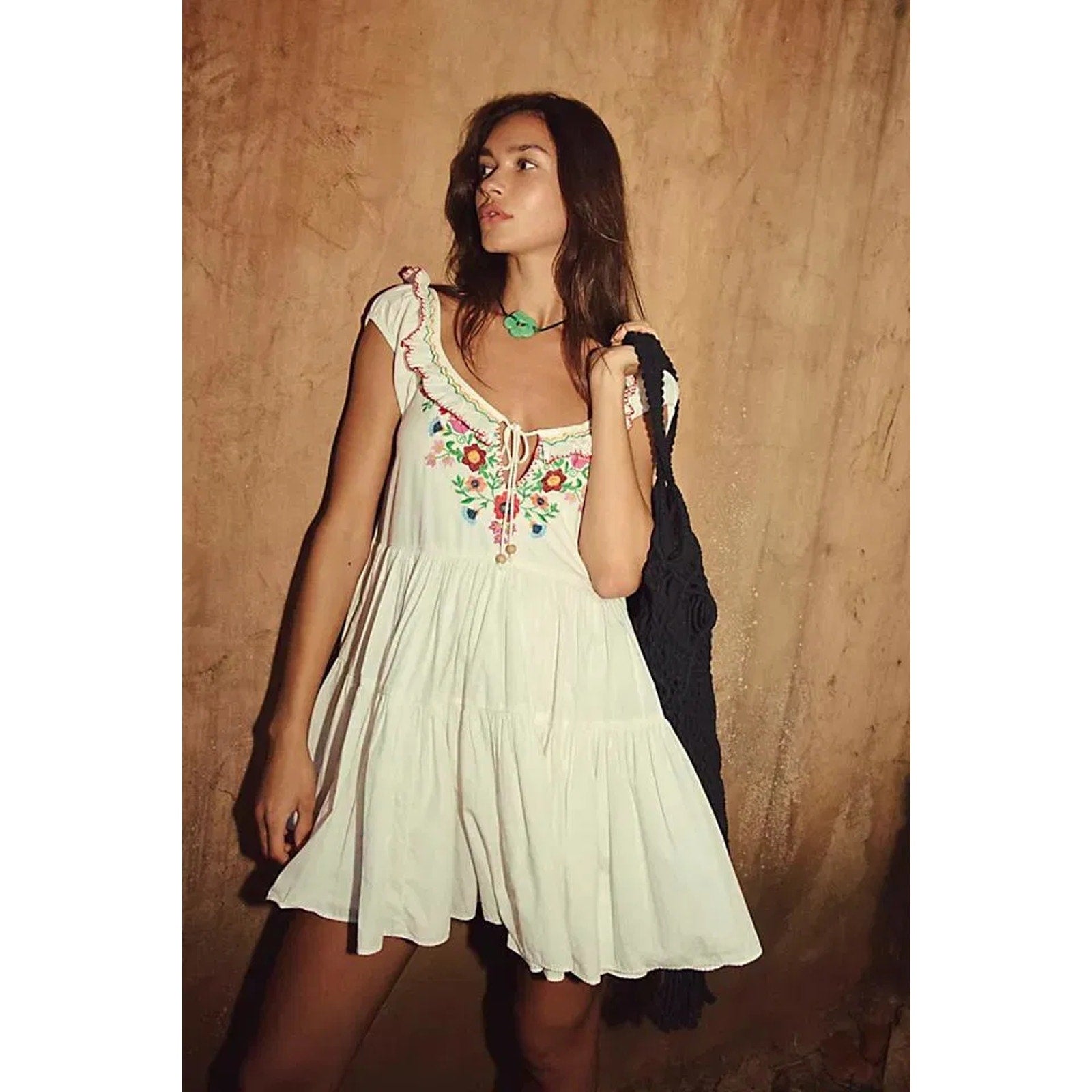 Free People Celia Floral Embroidered Boho Mini Dress Small Ivory Free People