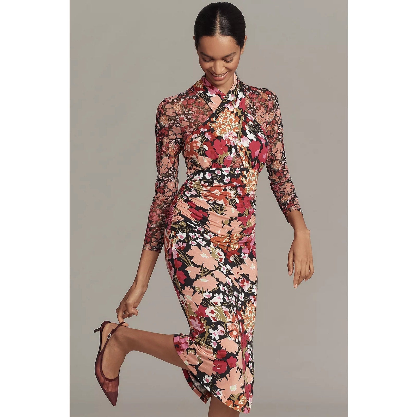New Anthropologie Long-Sleeve Halter Mesh Midi Dress $168 SMALL Multi Floral Anthropologie