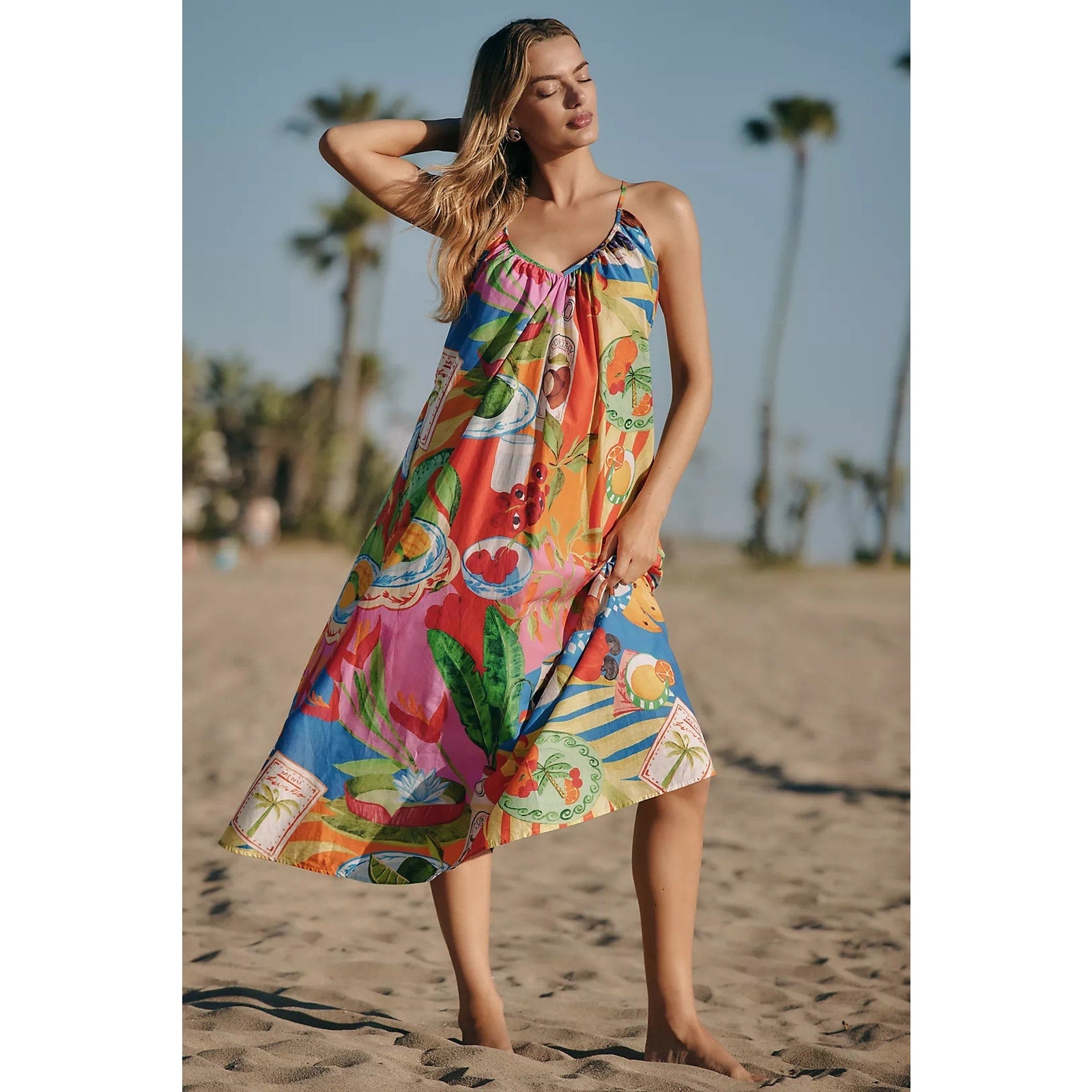 Anthropologie Farm Rio Summer Picnic Sleeveless V-Neck Midi Dress LARGE Anthropologie