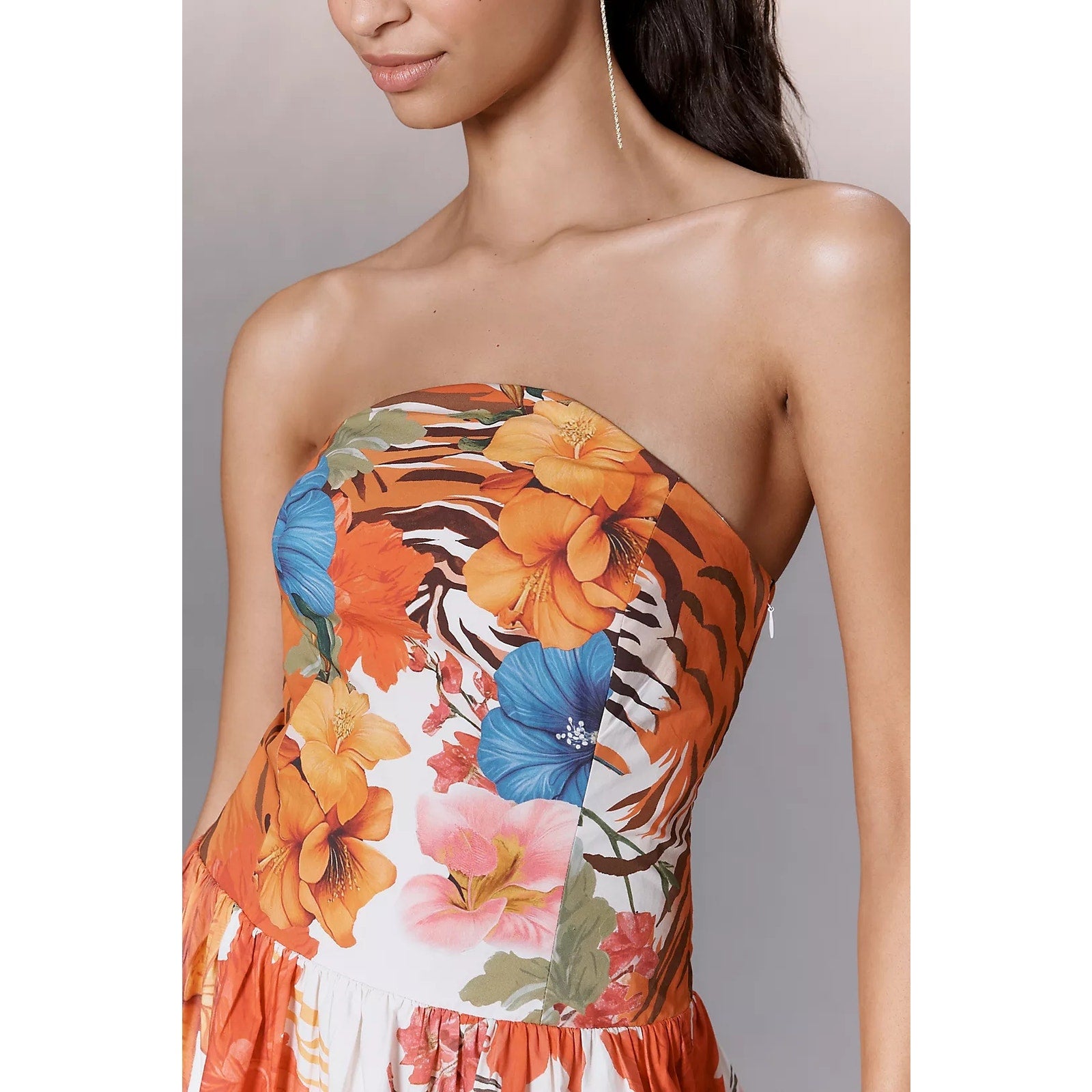 Anthropologie Maeve Strapless Tiger Printed Midi Dress MEDIUM Orange Anthropologie