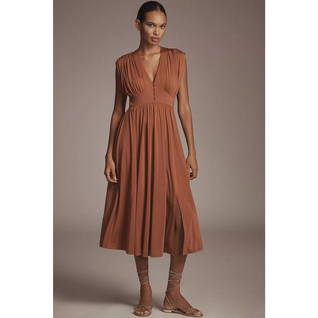 Anthropologie V-Neck A-Line Midi Dress JERSEY X-SMALL Honey Anthropologie