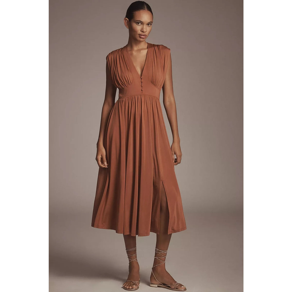 Anthropologie V-Neck A-Line Midi Dress JERSEY X-SMALL Honey Anthropologie