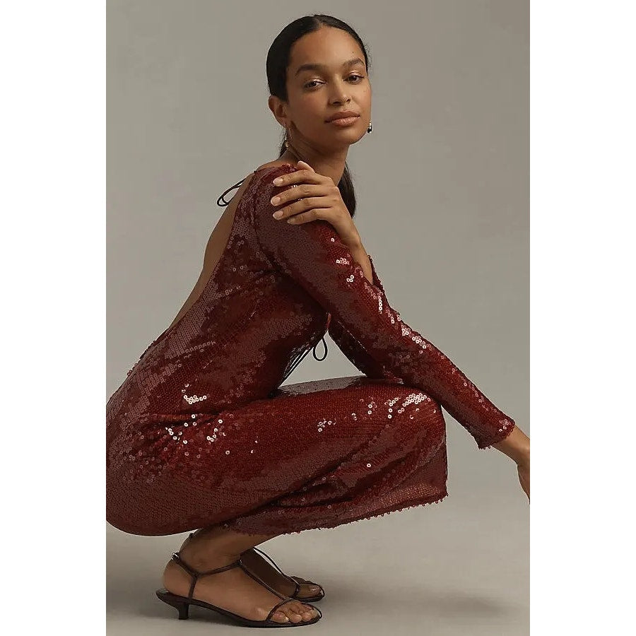 New ANTHROPOLOGIE Bardot Verona Long-Sleeve Sequin Slim Midi Dress SIZE 10 WINE