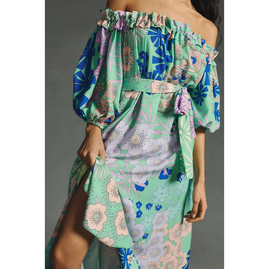 ANTHROPOLOGIE Oopscool Off-The-Shoulder Floral Midi Dress MEDIUM Green Anthropologie