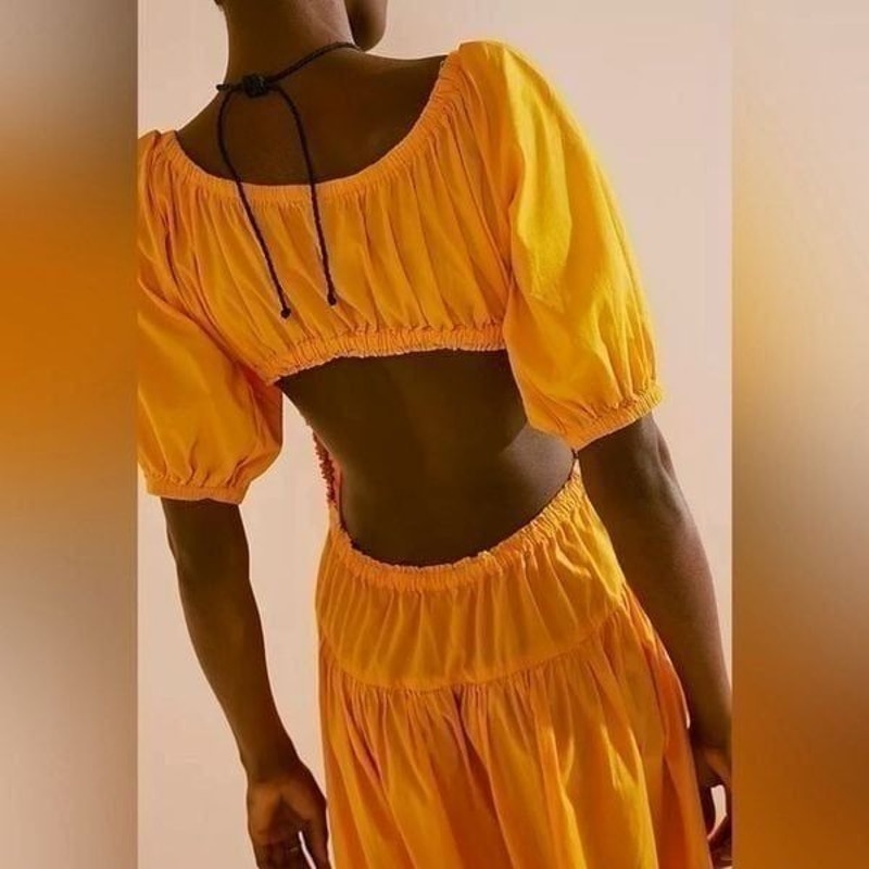 New FREE PEOPLE Free-est Moonlight Midi Dress $78 LARGE Orange Cutout Boho
