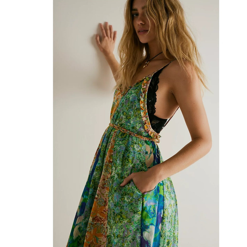 New Free People Moondive Maxi Dress $168 X-SMALL Green Combo BOHEMIAN