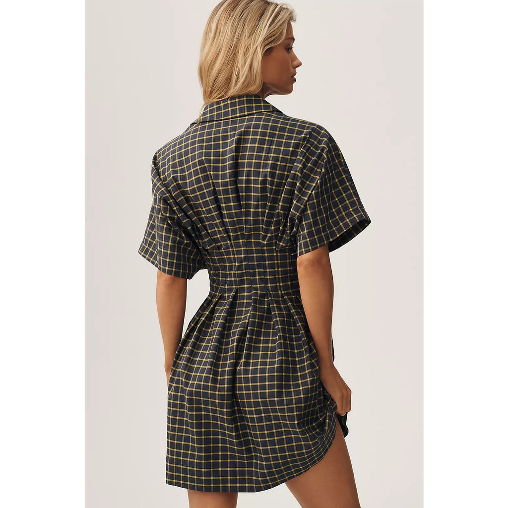 Blue plaid mini shirt dress back with short sleeves and gathered waist