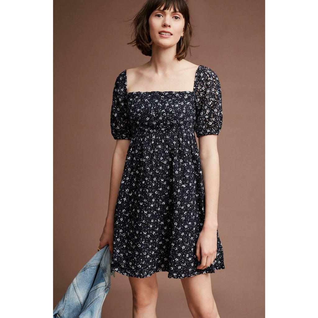 New $138 Anthropologie Lillianne Floral Mini Dress by Maeve SIZE 6 Navy Eyelet