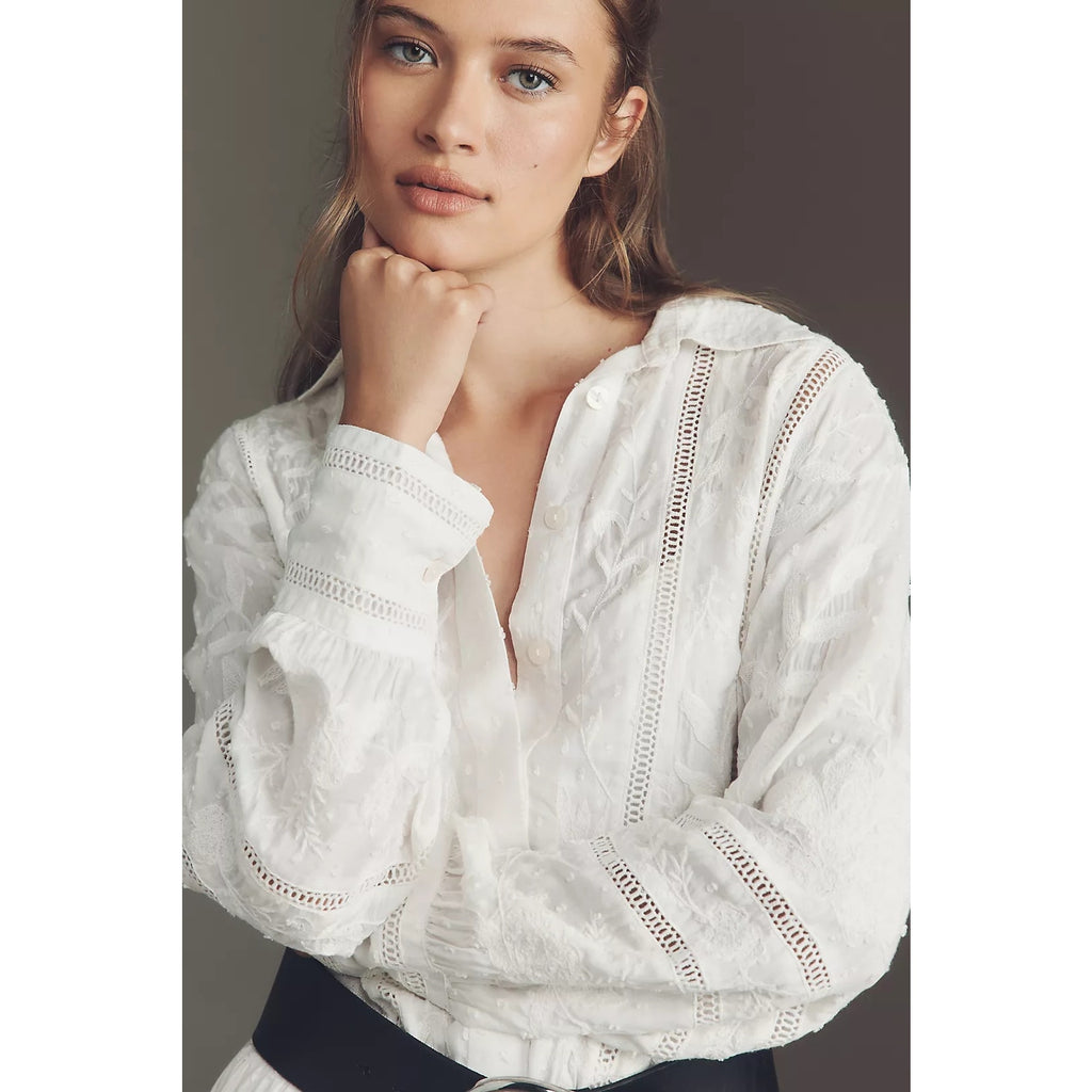 Anthropologie Embroidered Mini Shirt Dress SMALL White Long Sleeve Anthropologie