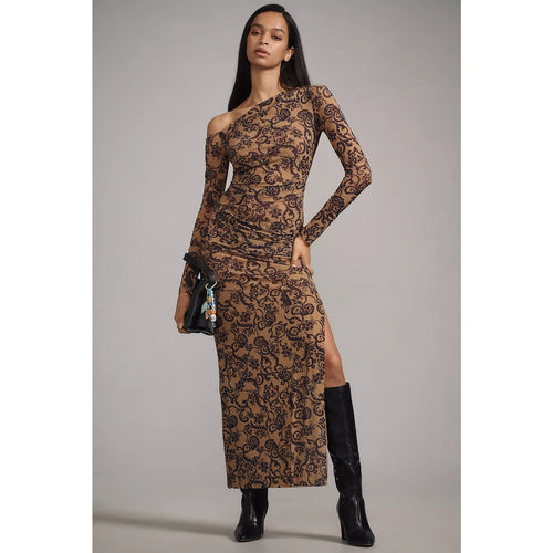 Asymmetric off-shoulder long-sleeve dress with brown swirl print