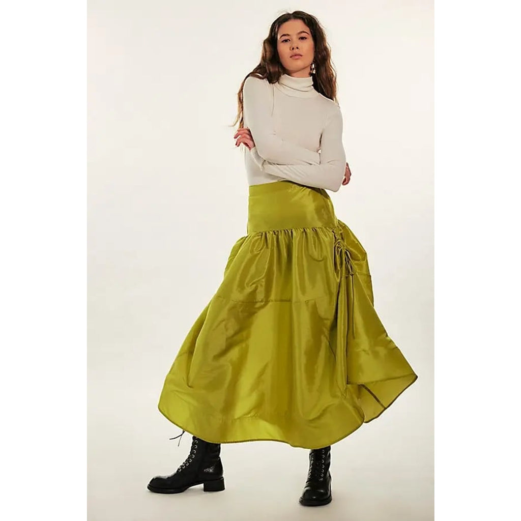 FREE PEOPLE Emery Drop-Waist Midi Skirt LARGE Lentil Sprout Elastic Free People