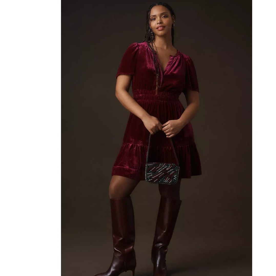 New Anthropologie The Somerset Mini Dress: Velvet Edition $168 XXS - 00 Wine