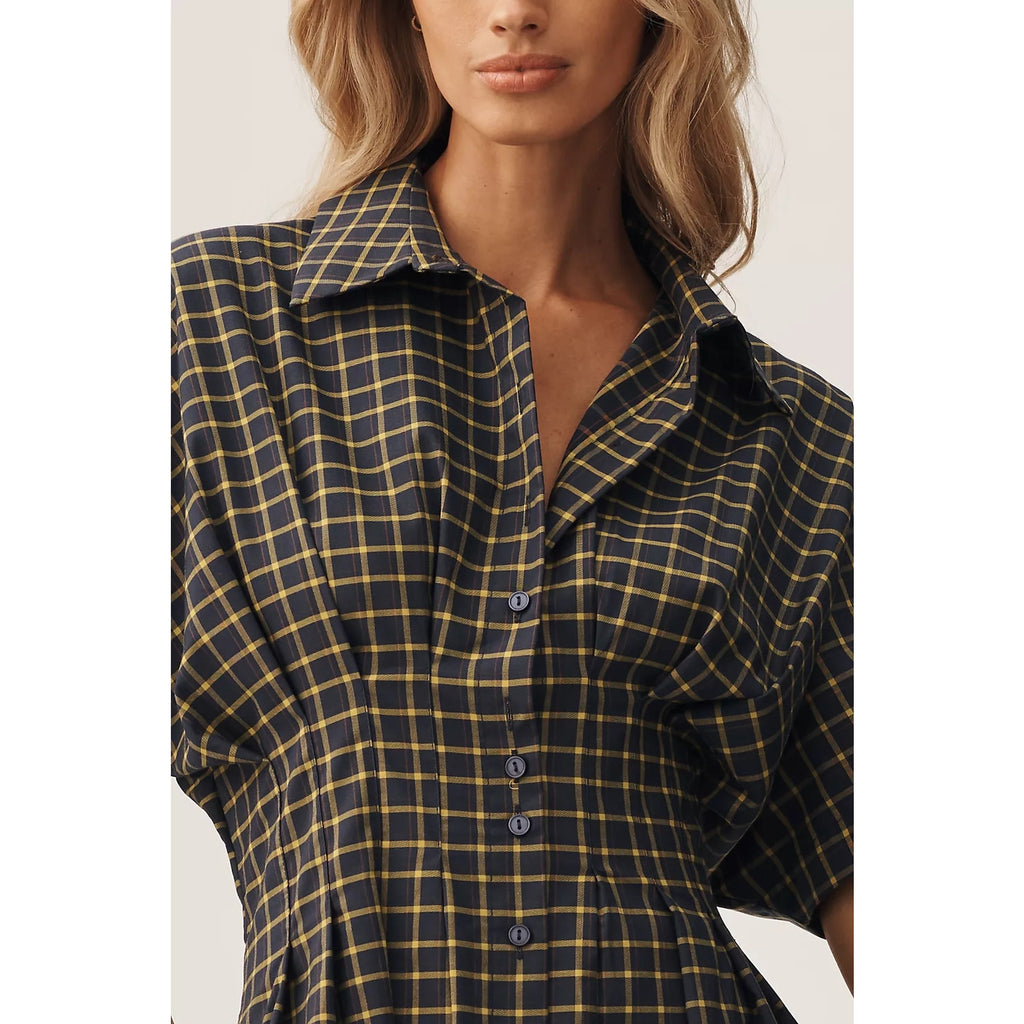 Blue and yellow plaid shirt dress bodice with collar and button placket