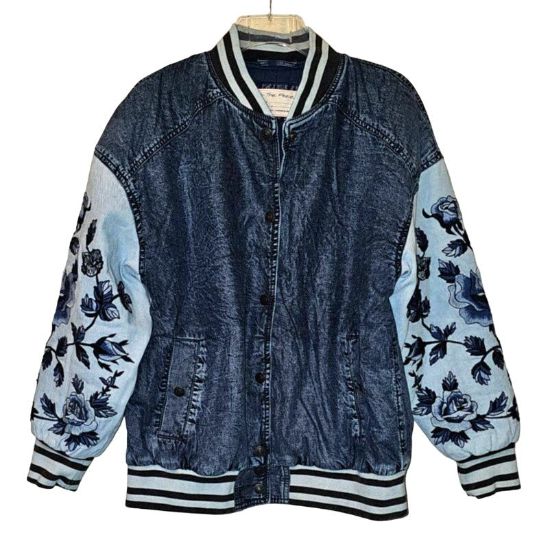 New Free People WTF Team Spirit Jacket $298 SMALL Stone Blue Floral Embroidery