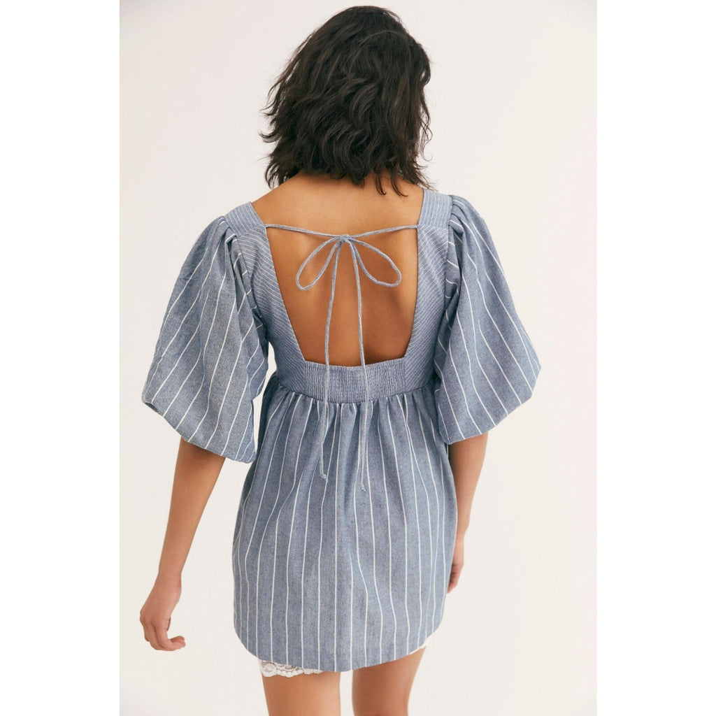 New Free People Striped Gigi Tunic $108 Size Small Blue Smocked