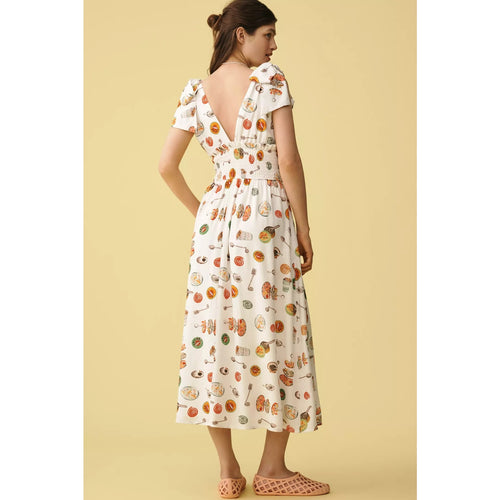 Linen-cotton V-neck midi dress, cream with colorful cartoon prints, gathered waist