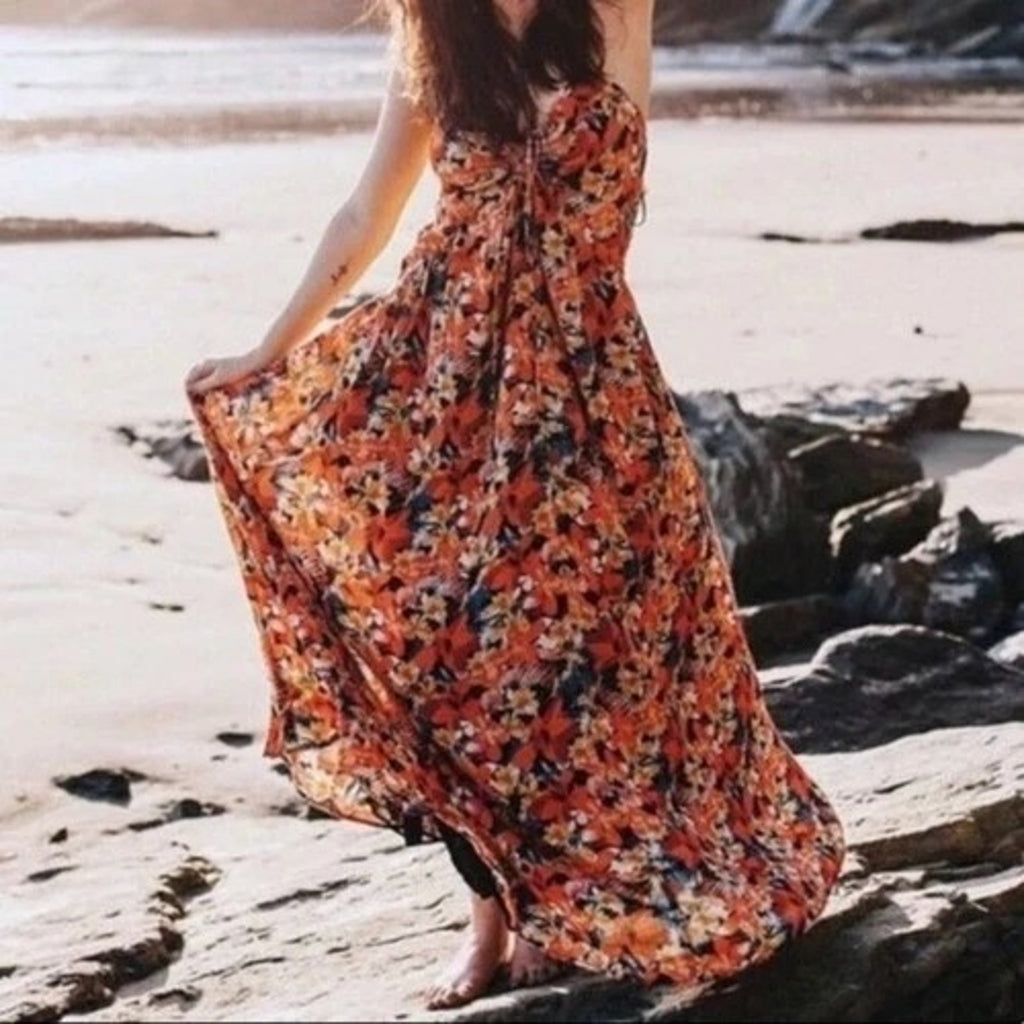 New Free People Mulberry Strappy Keyhole Floral Maxi Dress Size Small Boho Coral