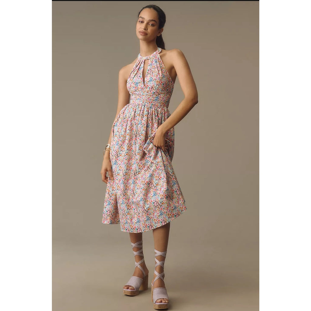 Anthropologie Atsu Halter Bow-Back A-Line Midi Dress $228 SMALL Pink