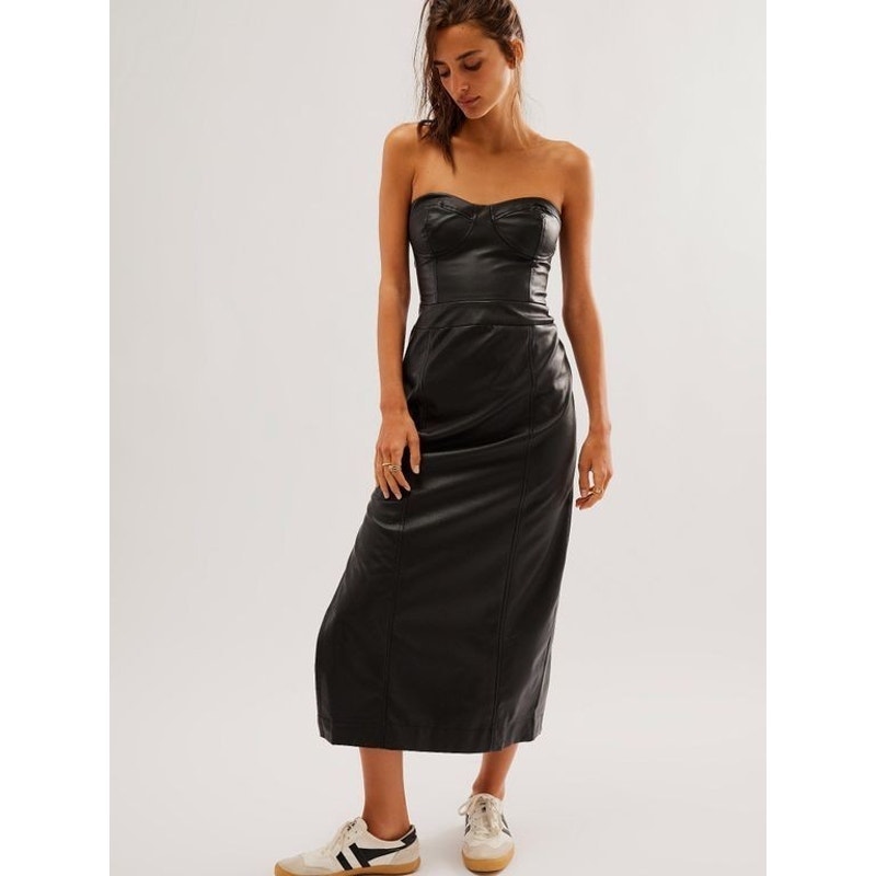 New Free People Mira Faux Leather Midi Dress $168 SIZE 10 Black Vegan Strapless