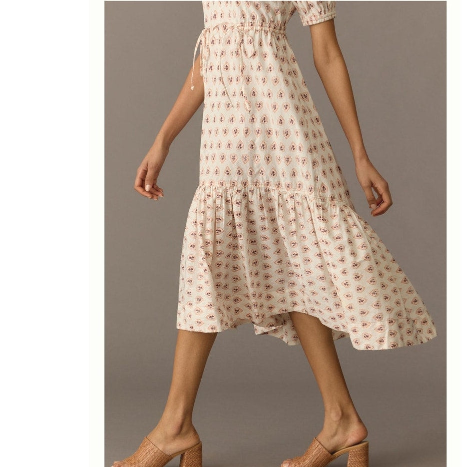 New By Anthropologie Printed Puff-Sleeve Dress $160 X-SMALL Neutral Motif