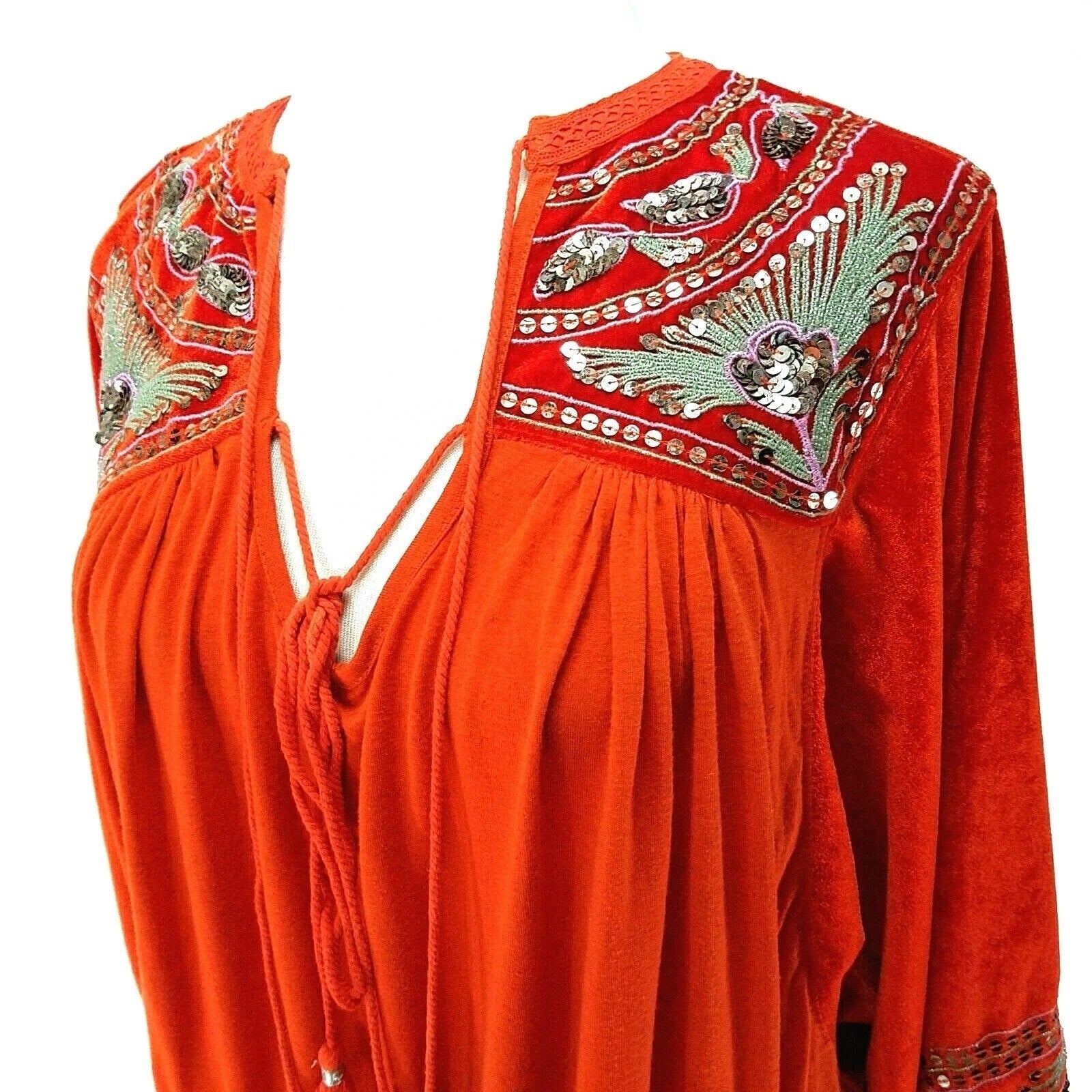 New Free People Hearts Aflame Orange Balloon Long-Sleeve Sequin Top $128 S Red