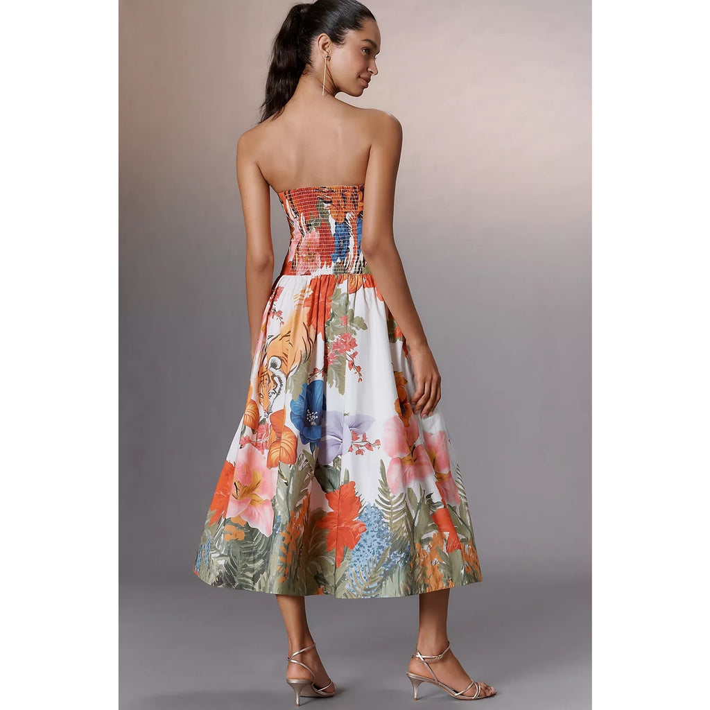 Anthropologie Maeve Strapless Tiger Printed Midi Dress MEDIUM Orange Anthropologie