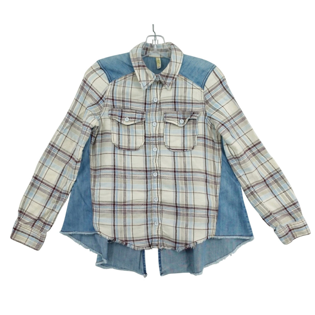 Free People Roadtrip Getaway Flannel Button Shirt $128 MEDIUM Swan BLUE