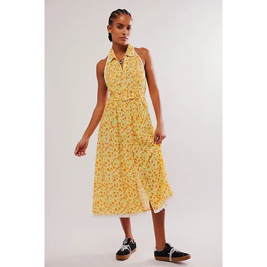 FREE PEOPLE Slice Of Life Halter Midi Dress X-SMALL Yellow Floral Free People