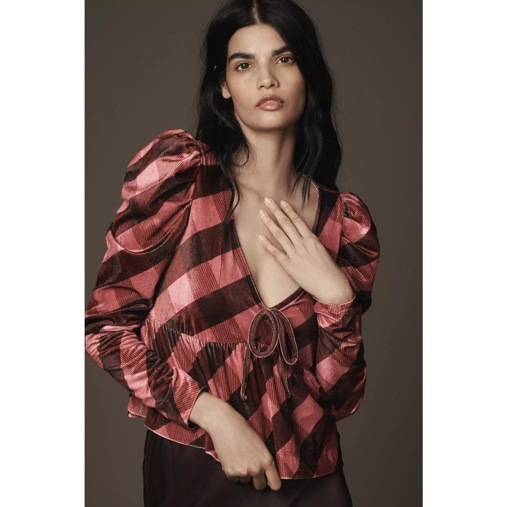 New Anthropologie Maeve Velvet Babydoll Long-Sleeve Top $88 Small Pink Plaid