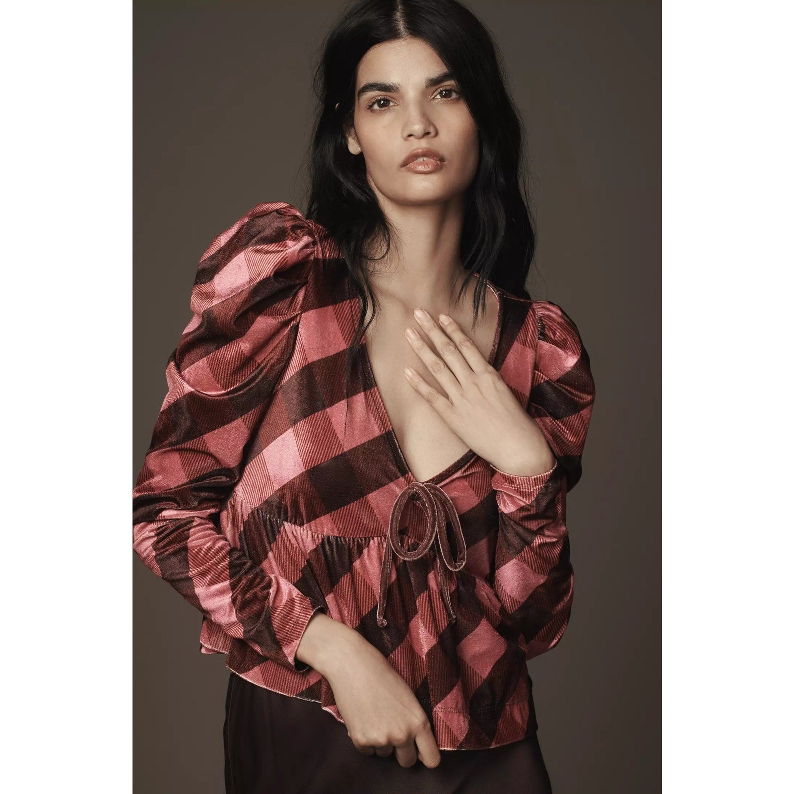 New Anthropologie Maeve Velvet Babydoll Long-Sleeve Top $88 Small Pink Plaid