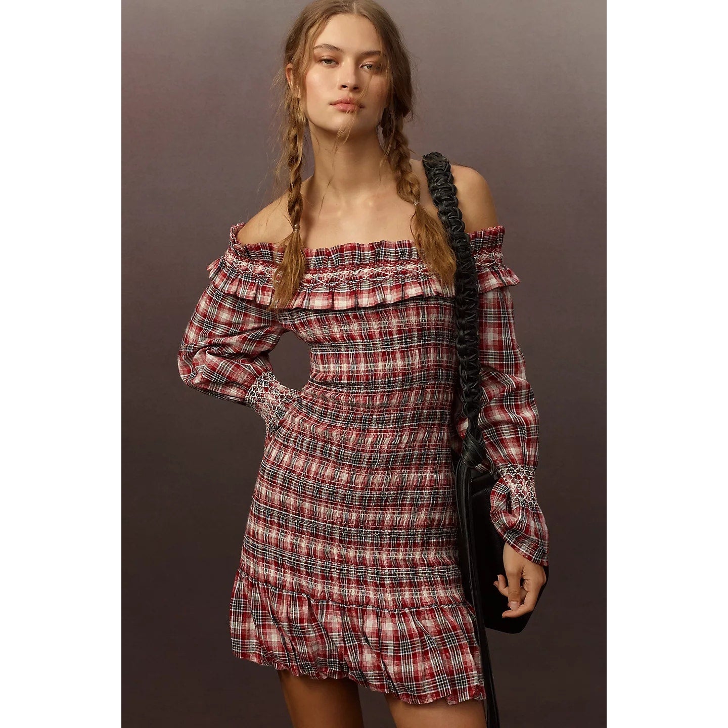 Anthropologie Pilcro Smocked Plaid Mini Dress $168 LARGE Red Long-Sleeve