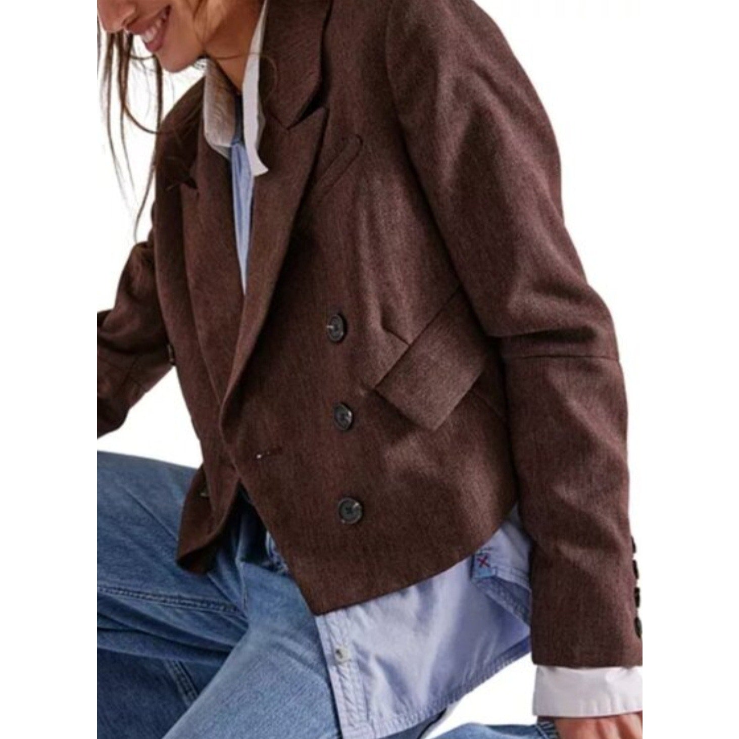 Free People Betty Double-Breasted Blazer LARGE Brown Vintage Style Free People