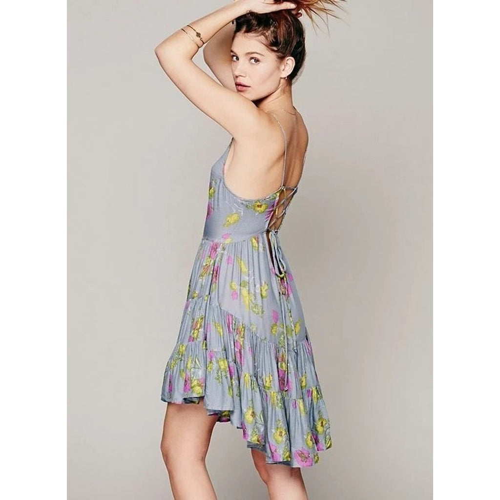 New Free People Gray Circle of Flowers Lace Up Floral Boho Mini Slip Dress XS