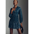 Teal sequin tiered mini shirt dress with long sleeves and button front