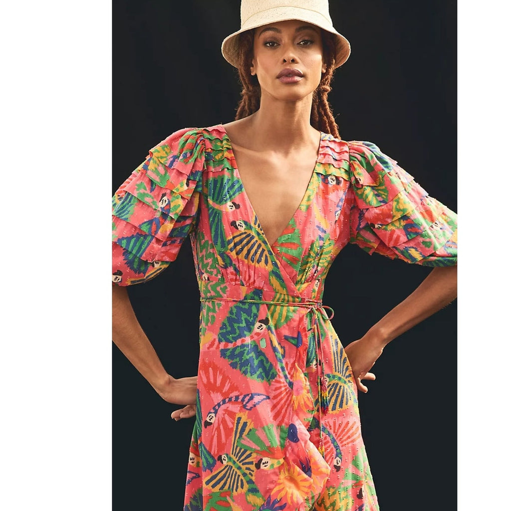Anthropologie Farm Rio Macaw Ruffled Wrap Dress SMALL MEDIUM Coral Anthropologie