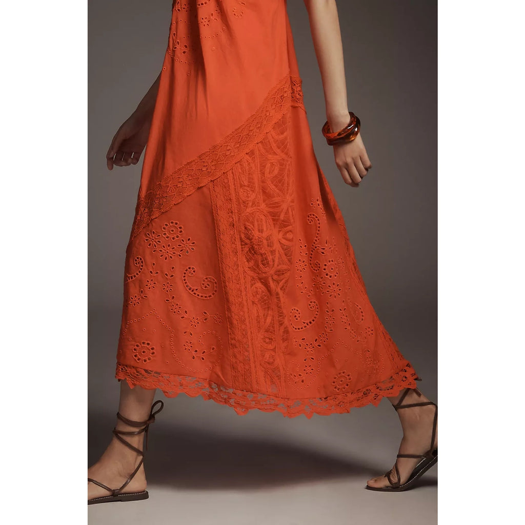 Anthropologie Halter Cutwork Lace Dress MAXI X-SMALL Orange Anthropologie