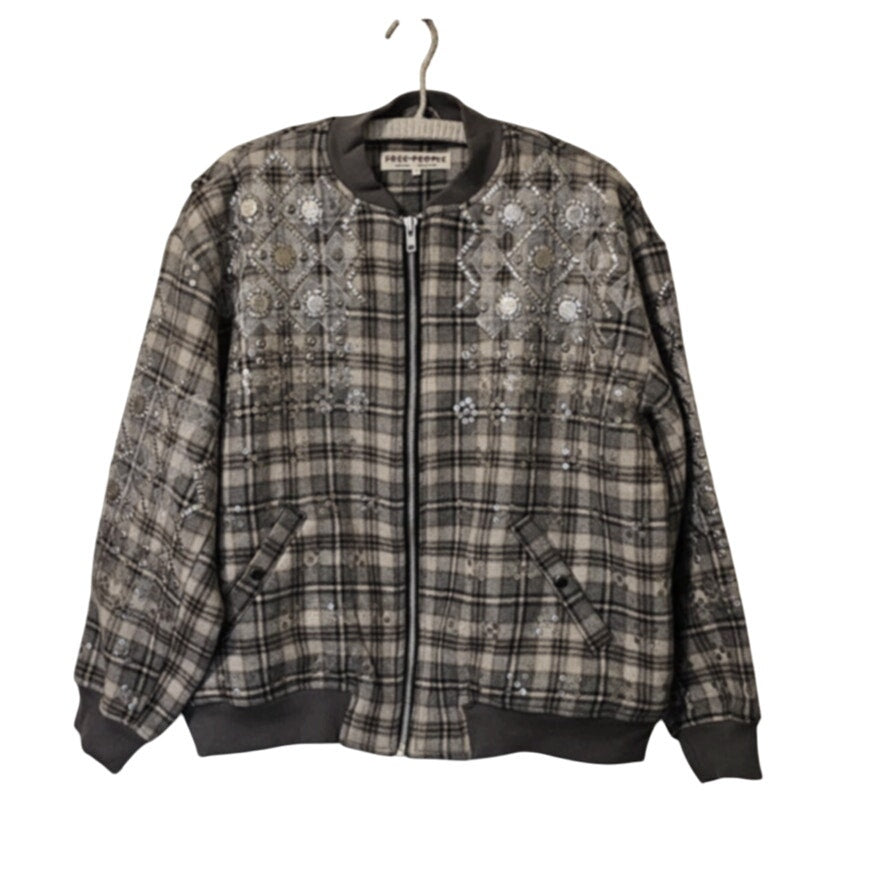 New Free People Louie Embellished Bomber Jacket OVERSIZED $458 MEDIUM Gray