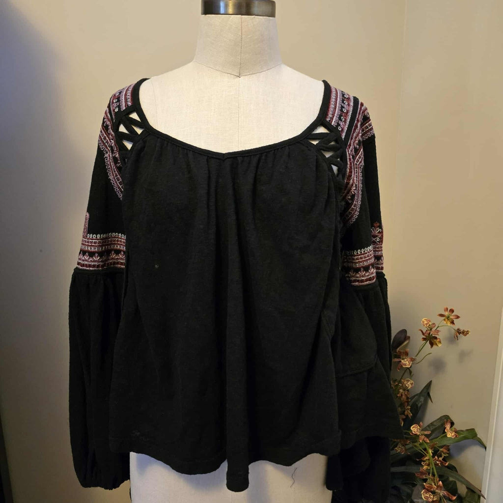 New Free People Snow Kisses Embroidered Long Sleeve Blouse $128 Small Black Boho