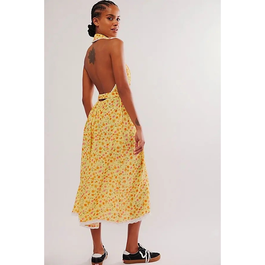 FREE PEOPLE Slice Of Life Halter Midi Dress X-SMALL Yellow Floral Free People