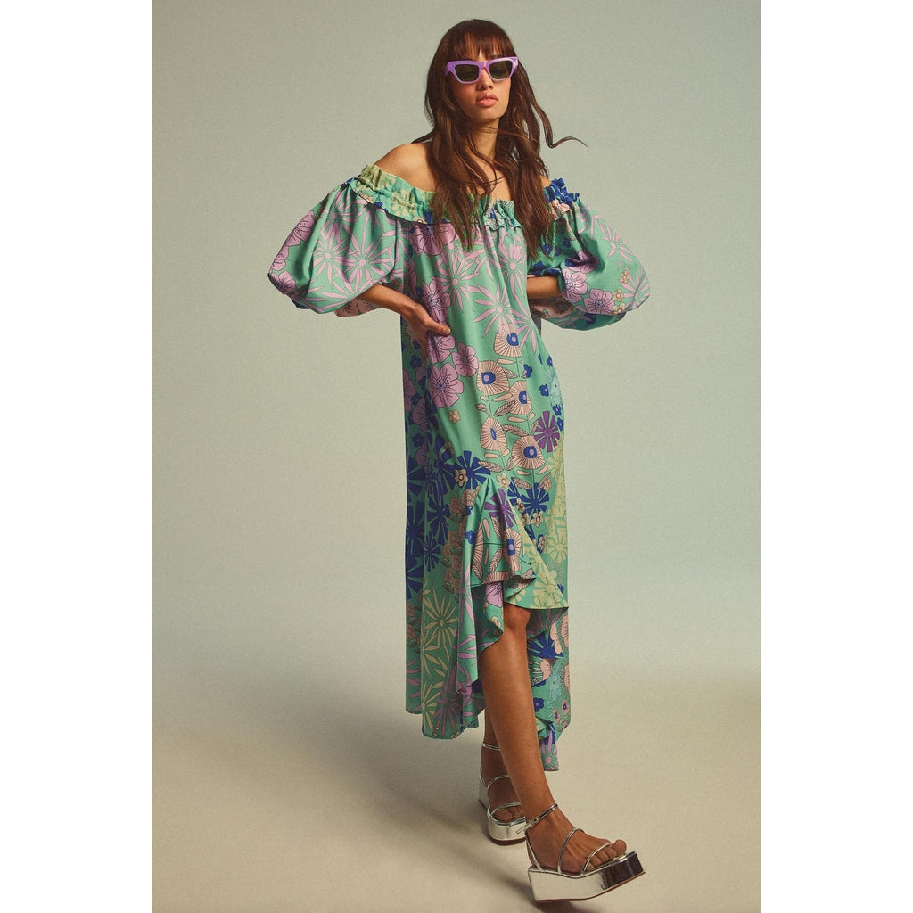 ANTHROPOLOGIE Oopscool Off-The-Shoulder Floral Midi Dress MEDIUM Green Anthropologie