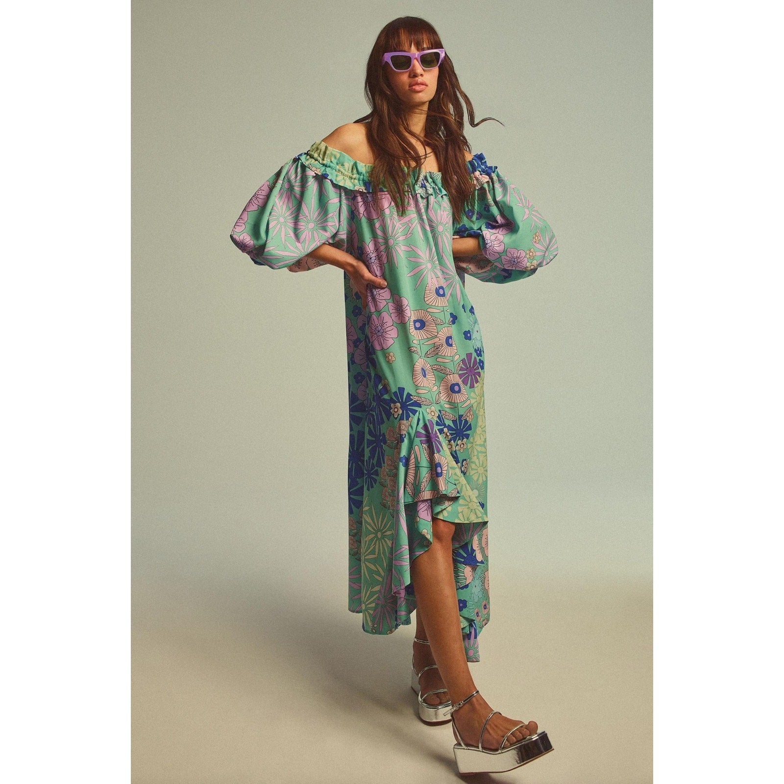 ANTHROPOLOGIE Oopscool Off-The-Shoulder Floral Midi Dress MEDIUM Green Anthropologie